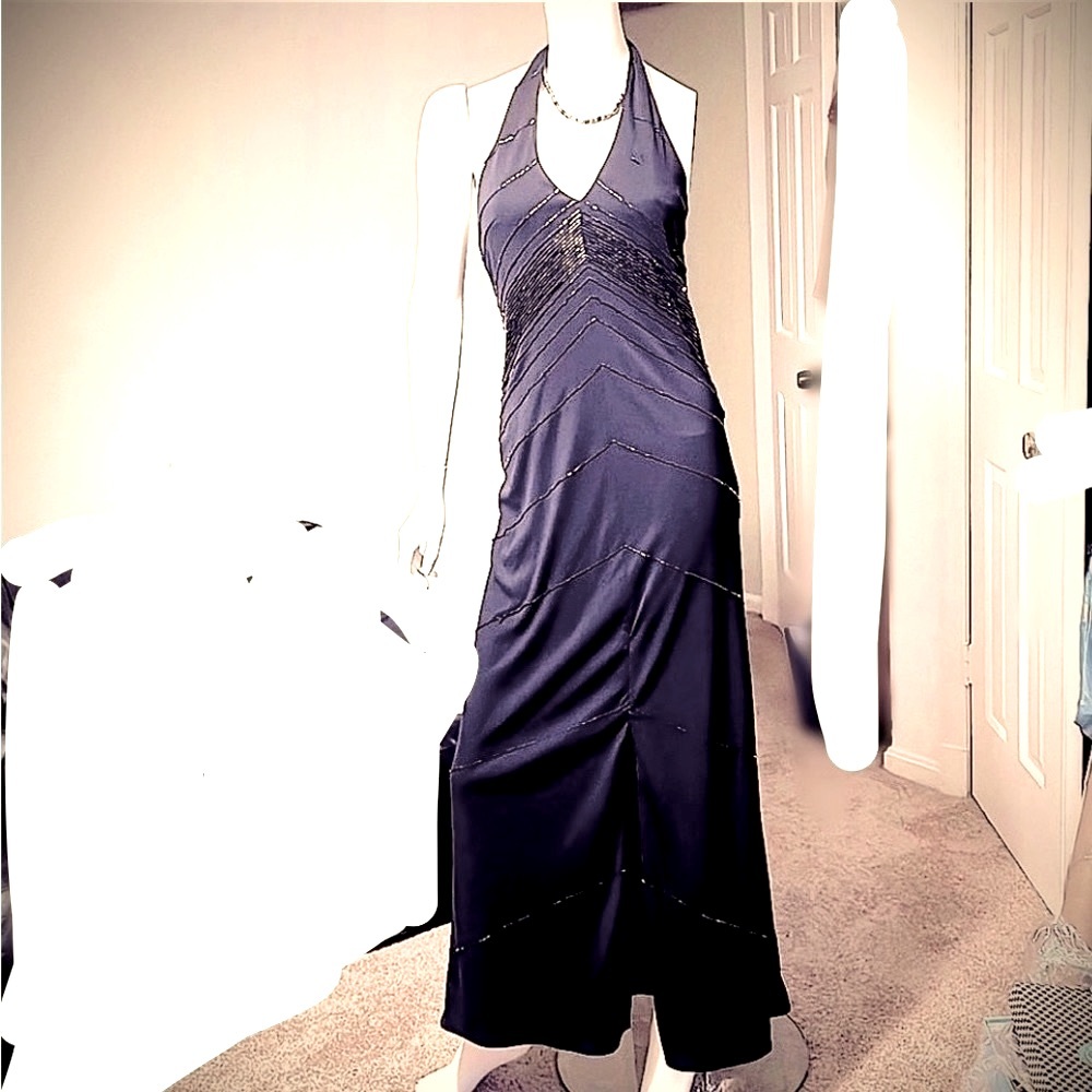 De Laru by Sheila Yen designer black Lined beaded maxi halter dress 5/6 Vintage